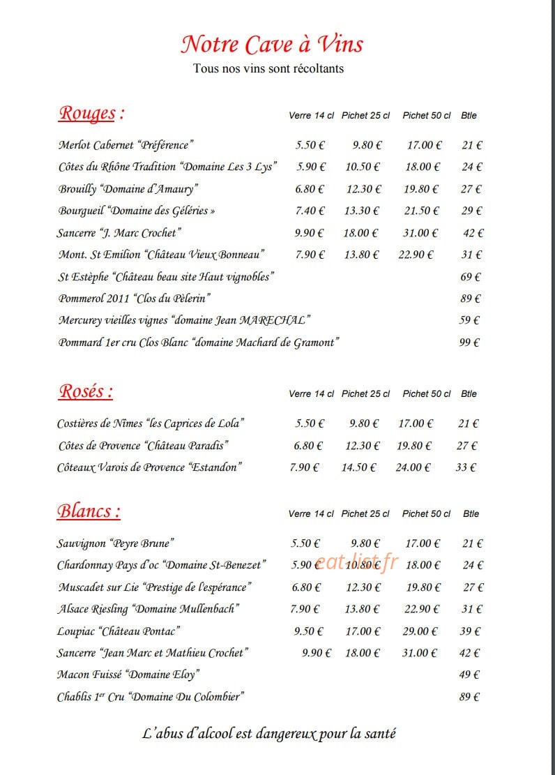 Carte et menu de Le Faubourg La Défense à Nanterre — Les cave à vins