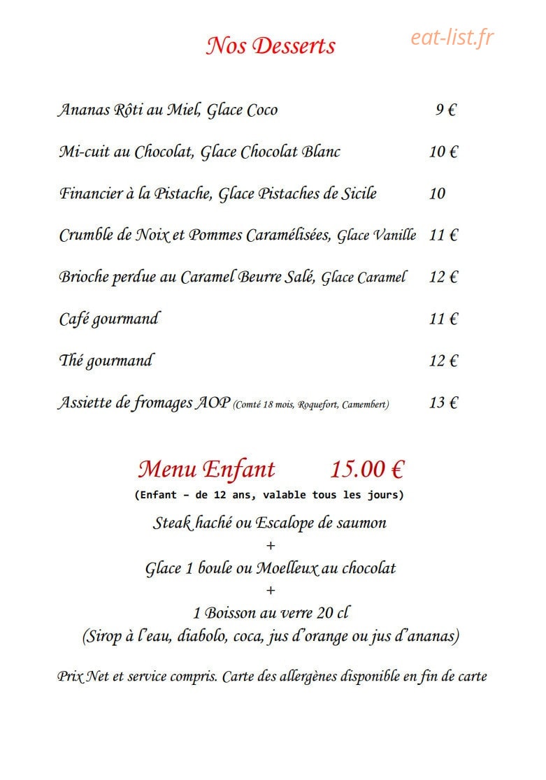 Carte et menu de Le Faubourg La Défense à Nanterre — Les desserts et menu enfant