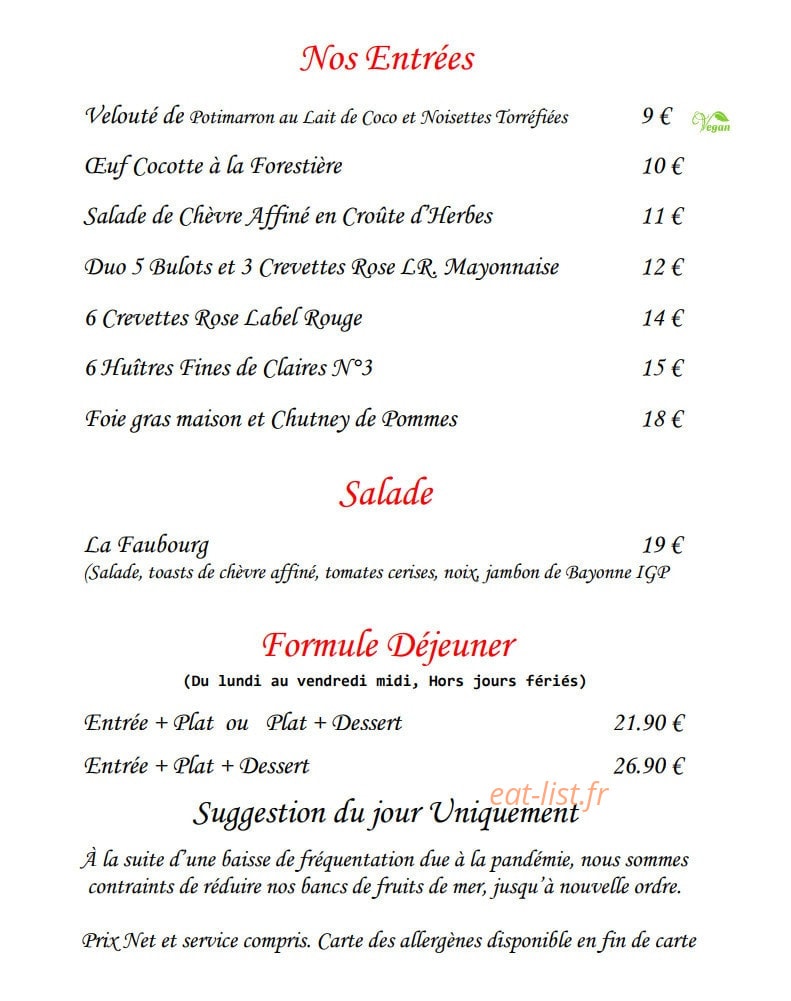 Carte et menu de Le Faubourg La Défense à Nanterre — Les entrées, salades et formule déjeuner