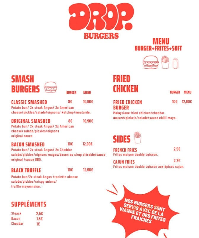 Drop Burger — carte page 1
