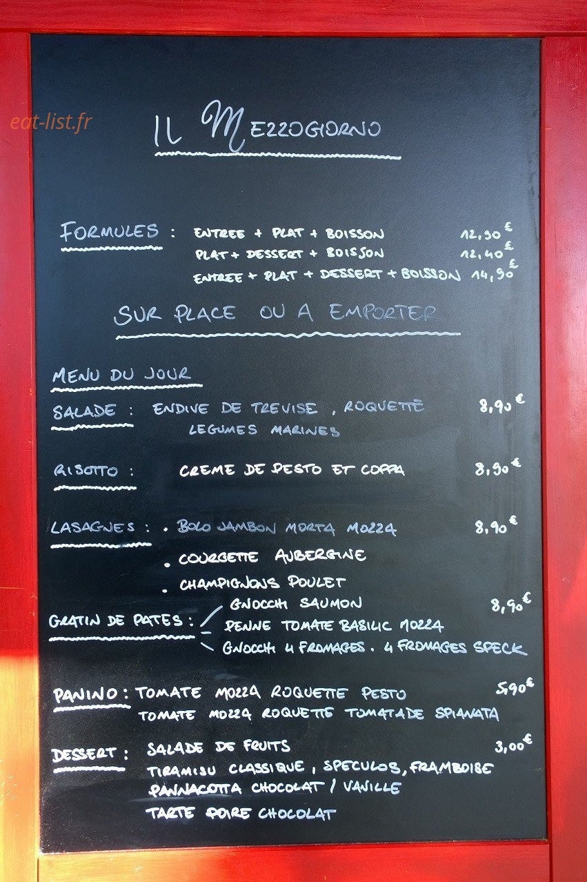 Carte et menu de il Mezzogiorno à Boulogne Billancourt — Un exemple d' ardoise du jour