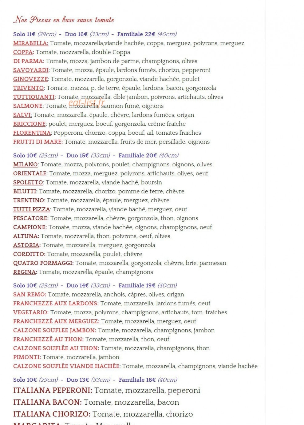 Pizza à L'Ancienne — carte page 1