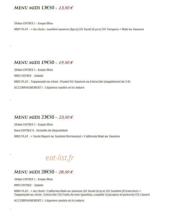 Restaurant SU — carte page 1