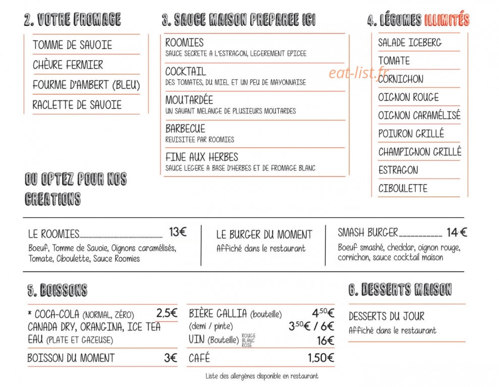 Roomies Burger — carte page 2