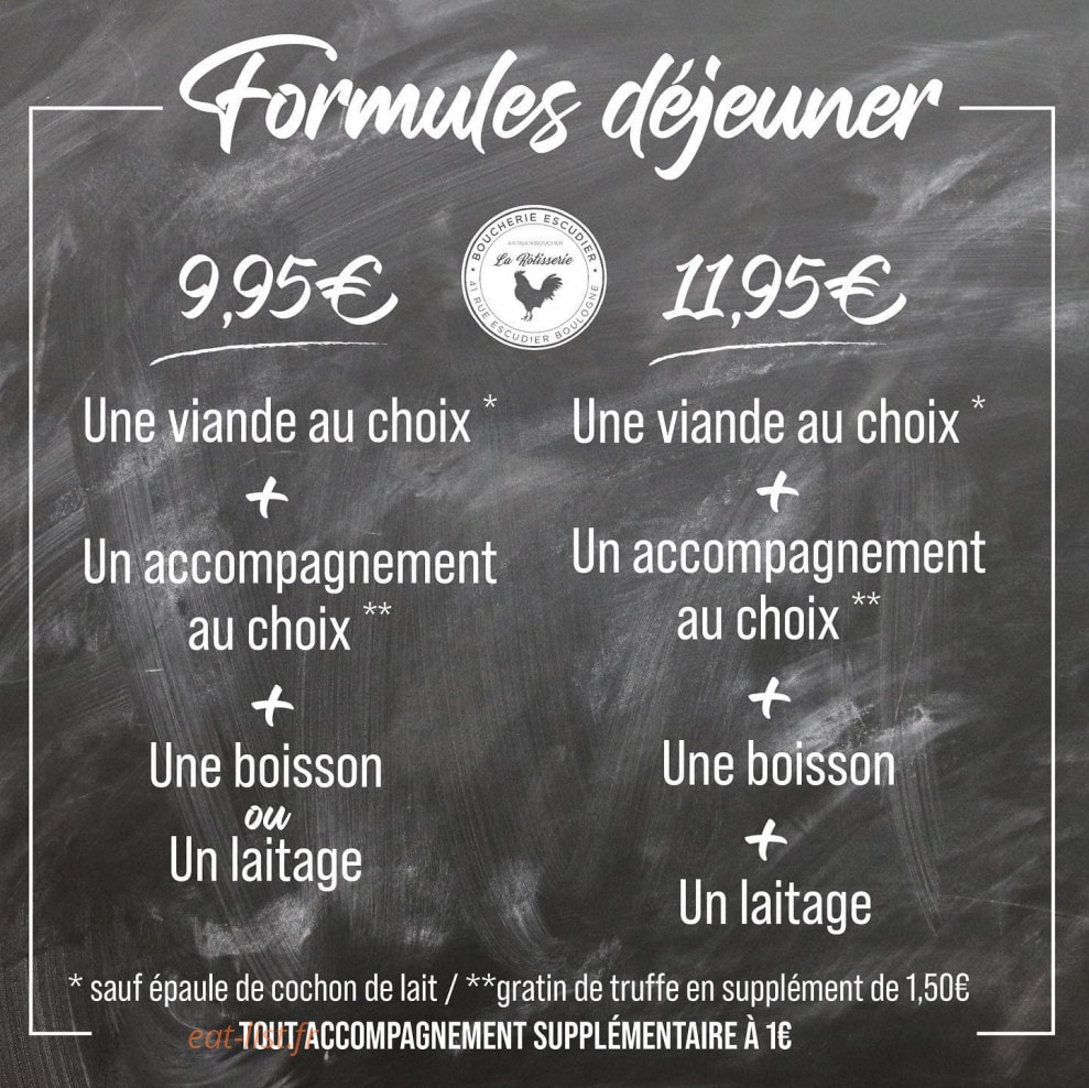 Carte et menu de Rôtisserie Escudier à Boulogne Billancourt — Les formules