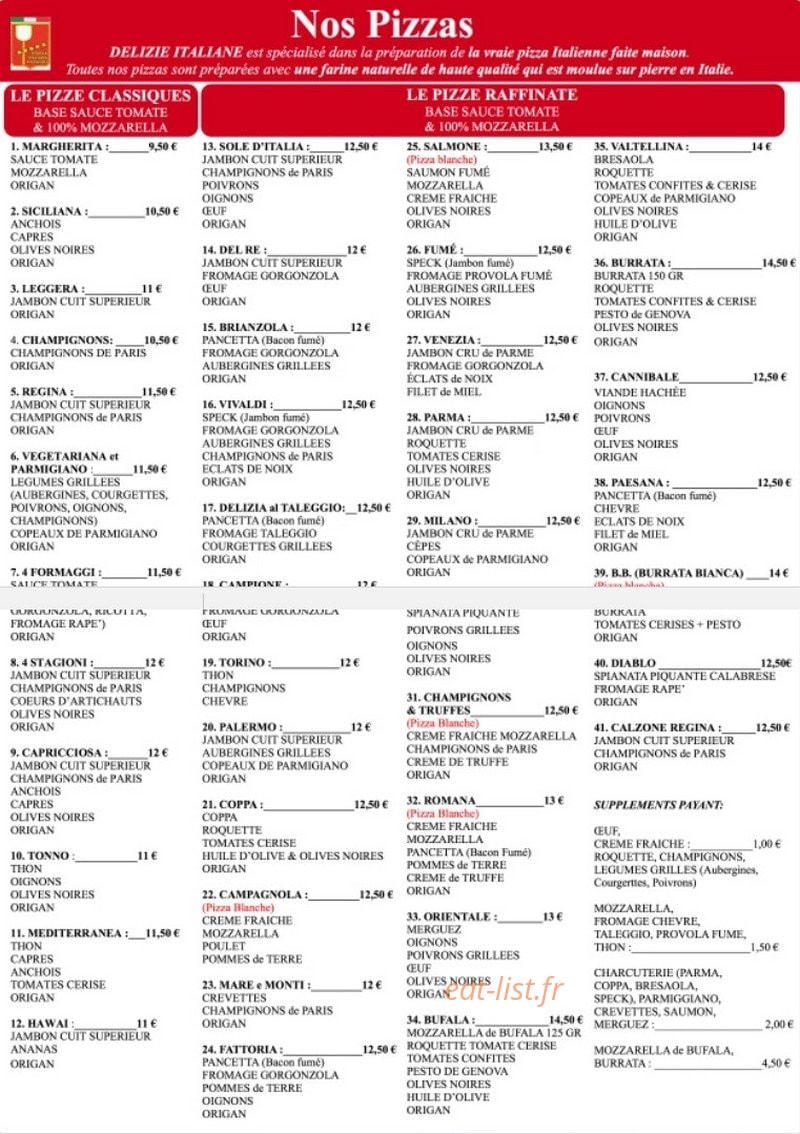 Carte et menu de Delizie Italiane de Luciano à Clichy — Les pizzas