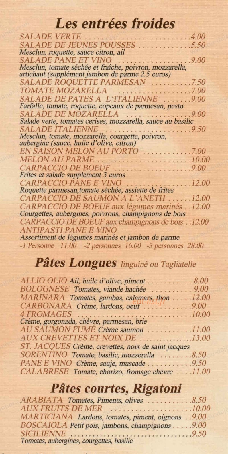 Pane Vino Menu With Prices