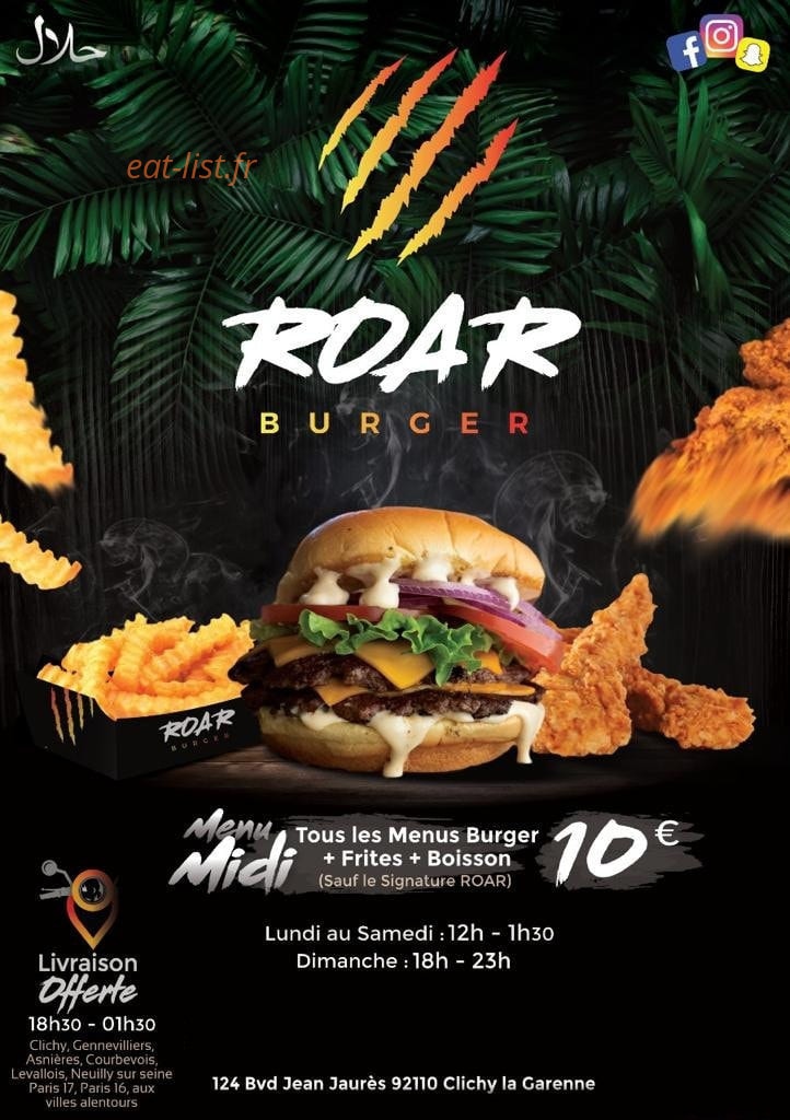 Roar burger — carte page 1