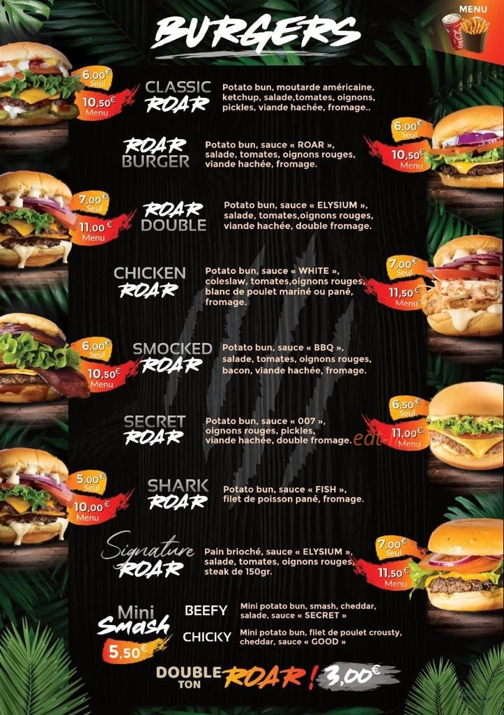 Roar burger — carte page 2