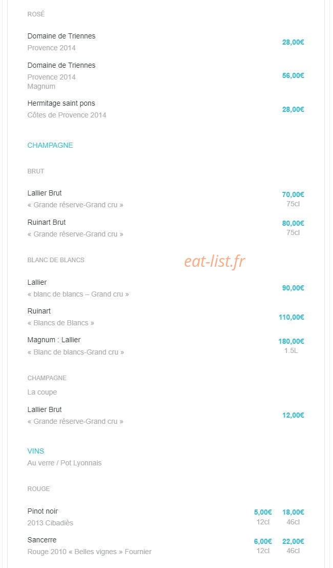 Carte et menu de Sea Bar à Montrouge — Les champagne, vins
