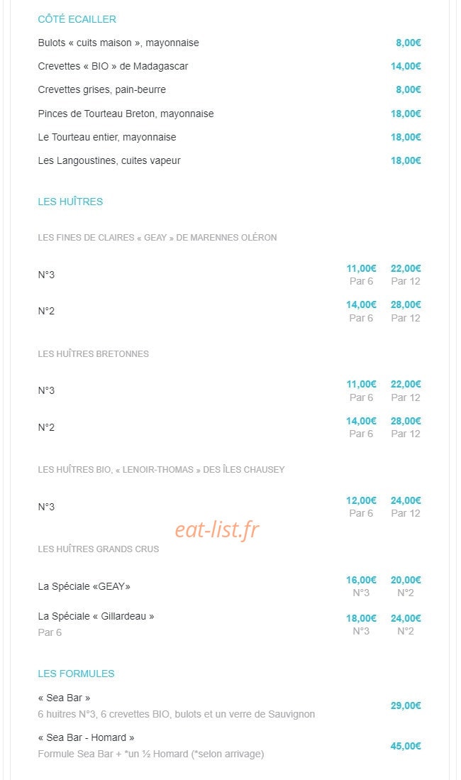 Carte et menu de Sea Bar à Montrouge — Les côtés ecailler, huitres, ...