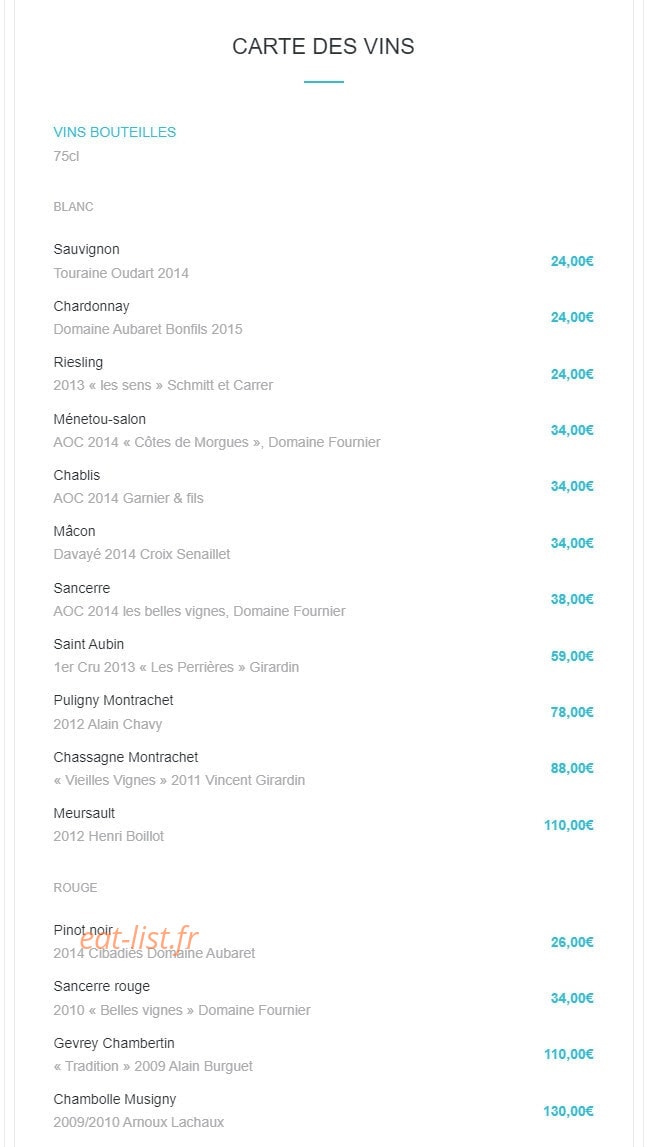 Carte et menu de Sea Bar à Montrouge — Les vins bouteilles