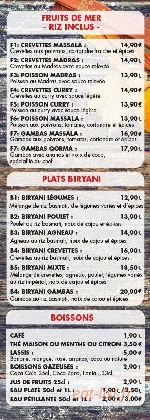 Carte et menu de Tandoori House à Montrouge — Les fruits de mer, plats biryani et boissons