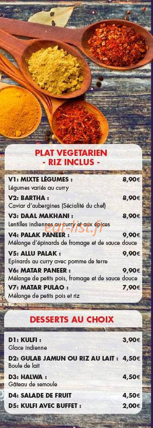 Carte et menu de Tandoori House à Montrouge — Les plats vegetarien et desserts