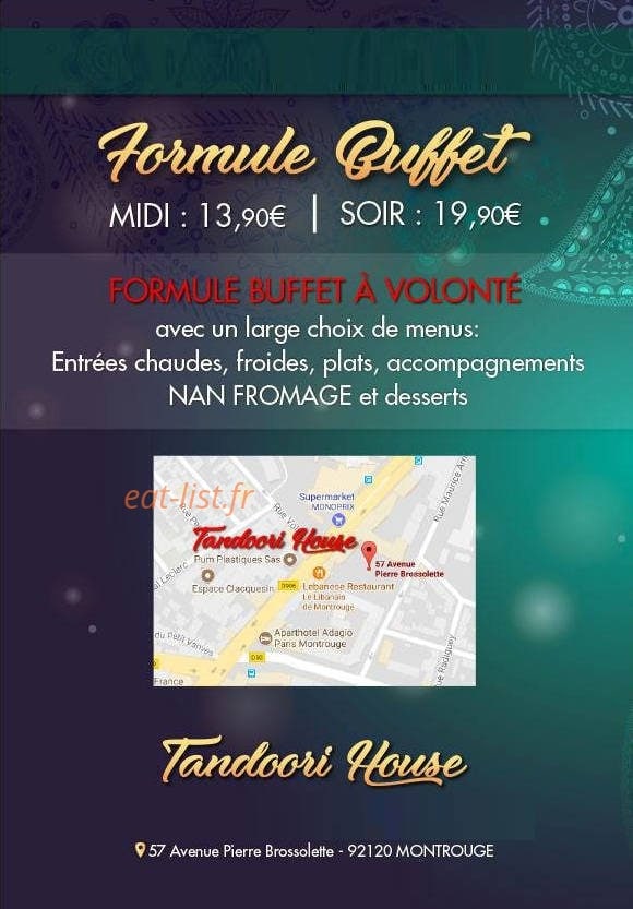 Carte et menu de Tandoori House à Montrouge — Les formules buffets