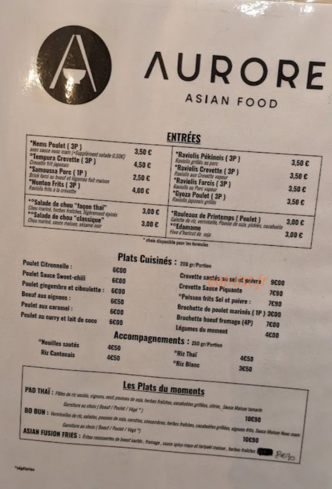 Carte et menu de Aurore Asian Food à Issy les Moulineaux — Les menus