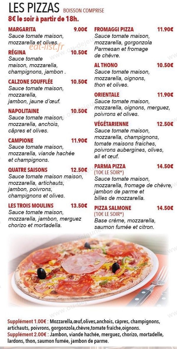 Carte et menu de Brasserie Les 3 Moulins à Issy les Moulineaux — Les pizzas
