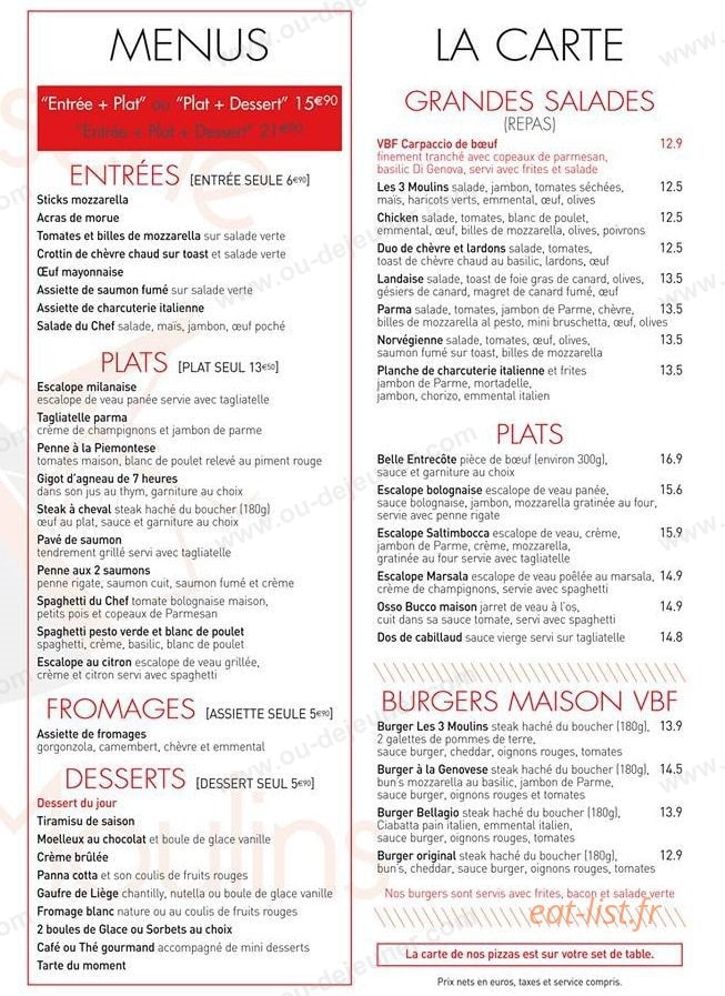 Carte et menu de Brasserie Les 3 Moulins à Issy les Moulineaux — Les entrées, plats,....
