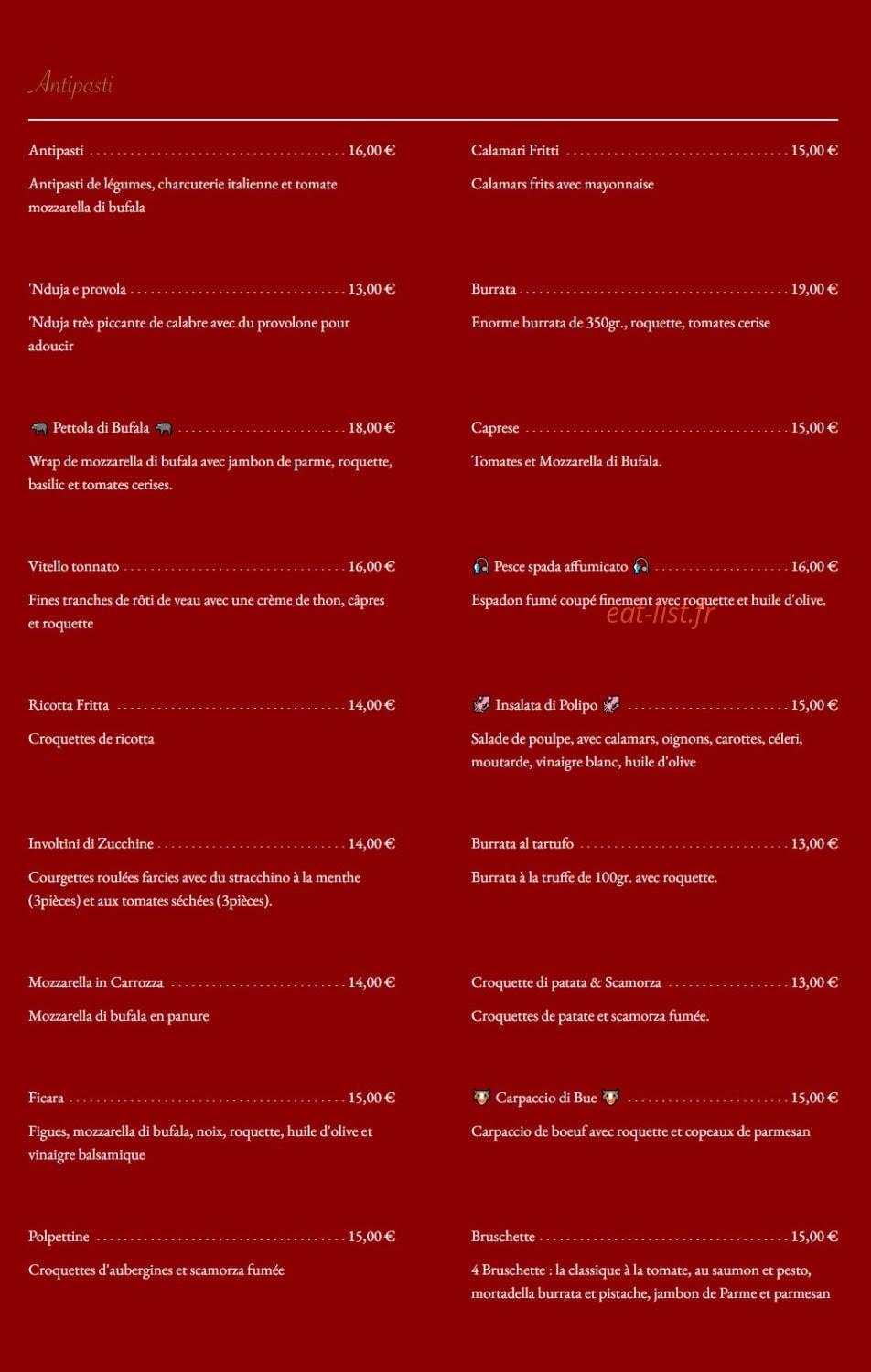 Carte et menu de La Locandina Di Napoli à Issy les Moulineaux — antipastis
