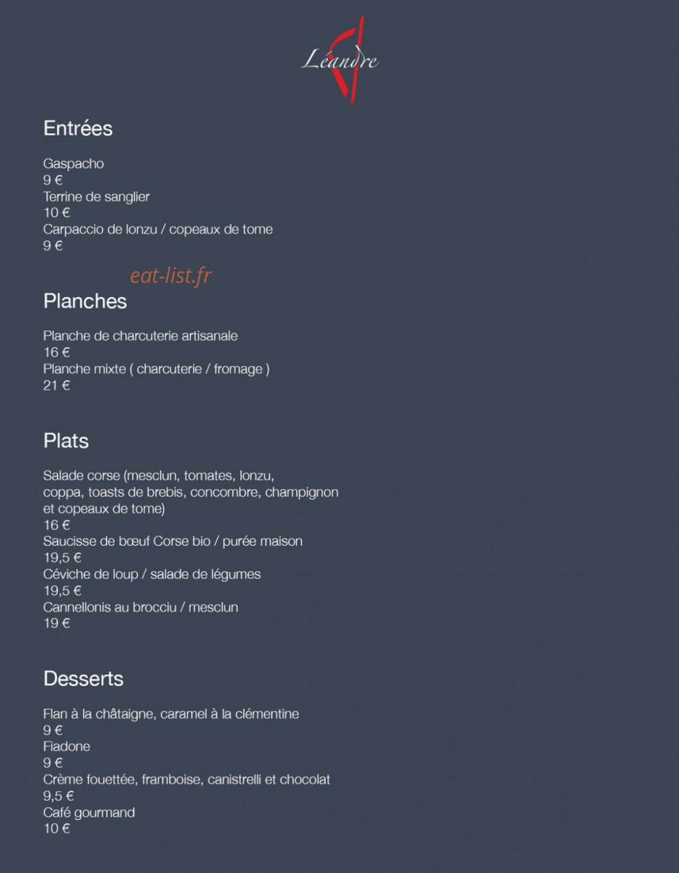 Restaurant Léandre — carte page 1