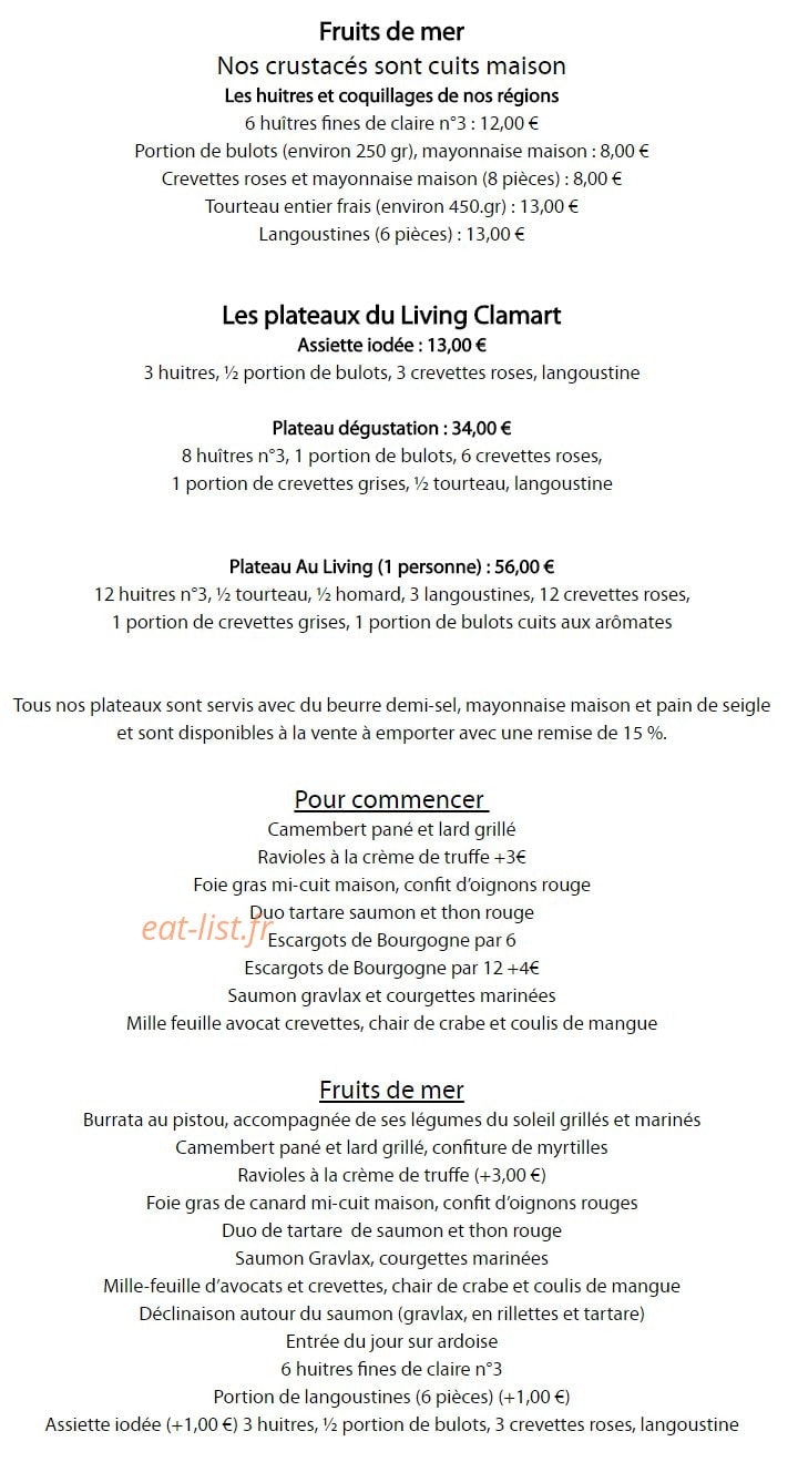 Carte et menu de Au living room à Clamart — Les fruits de mer, plateaux,...