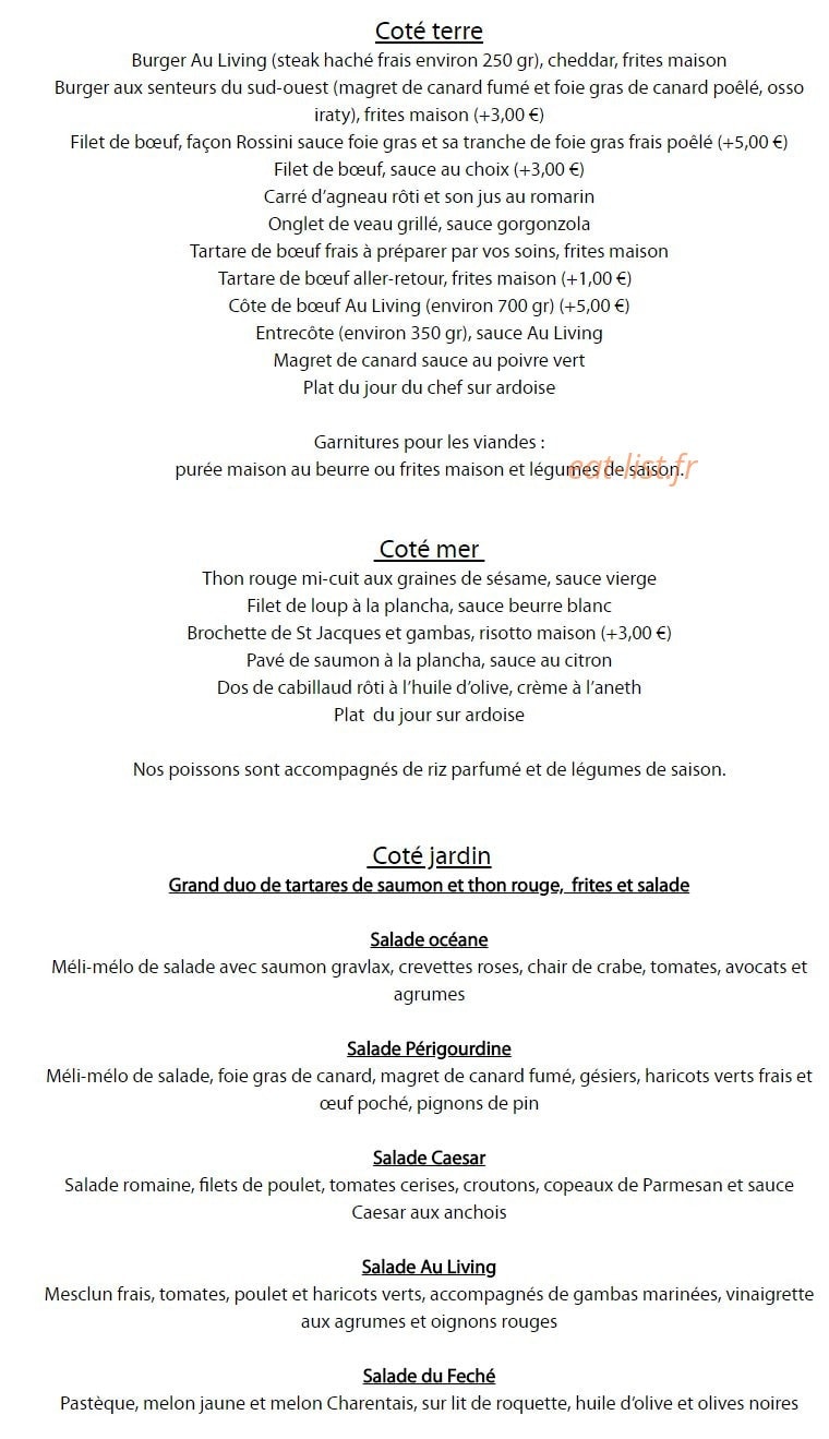 Carte et menu de Au living room à Clamart — Les viandes, poissons et salades