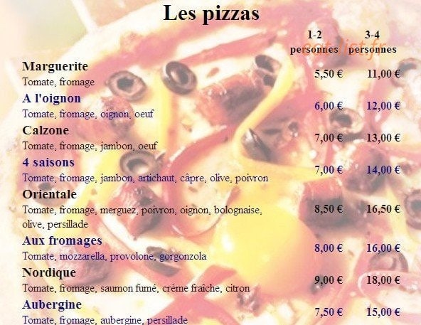 Pizza des Roissys — carte page 1