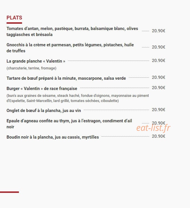 Le Bistro Valentin — carte page 2