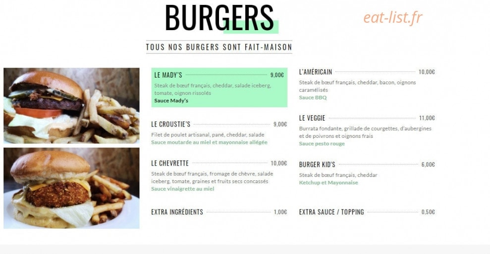 Mady's burger — carte page 1