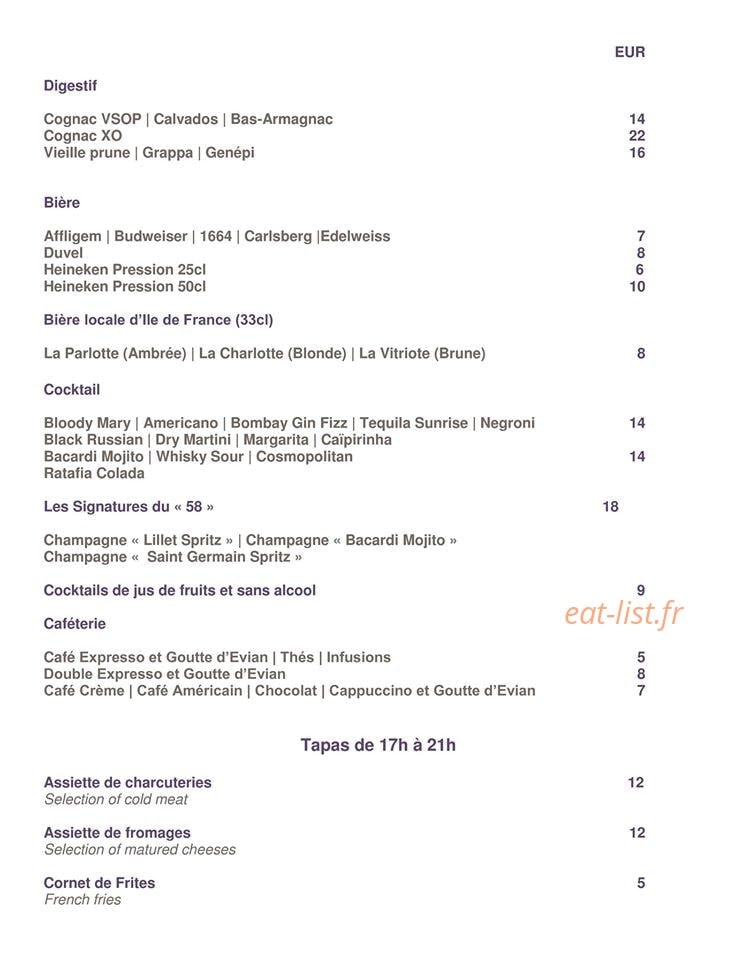 58 Bar & Lounge — carte page 4