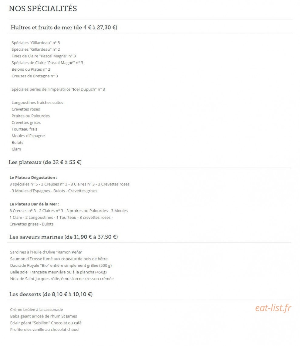 Carte et menu de Bar de la mer à Neuilly sur Seine — Les huîtres, les fruits de mer,....