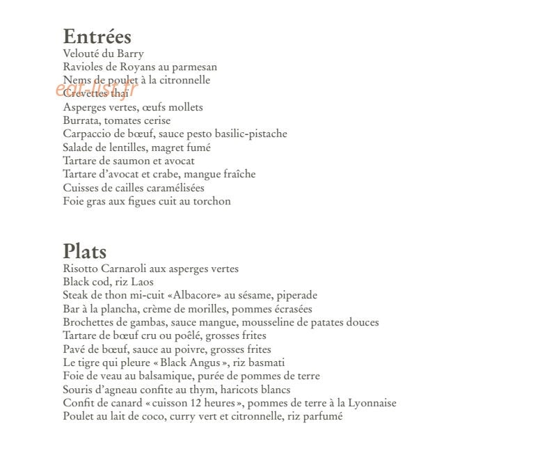 Carte et menu de Durand-Dupont Drugstore à Neuilly sur Seine — Les entrées et les plats