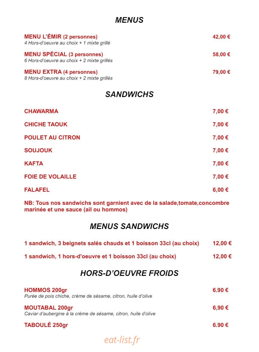 L'émir Traiteur — carte page 3