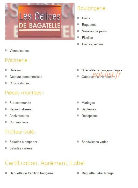 Les Délices de Bagatelle — carte page 1