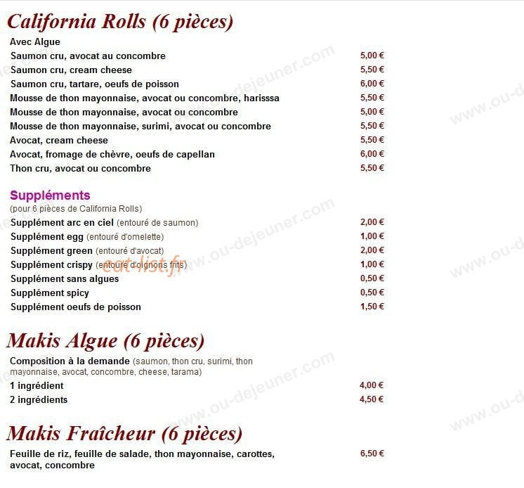 Oz Restaurant — carte page 1