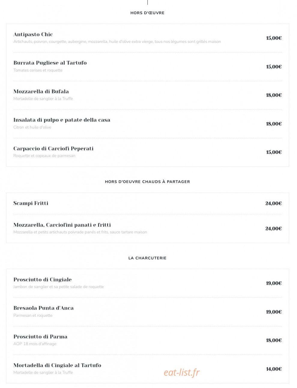 Trattoria Chic — carte page 1