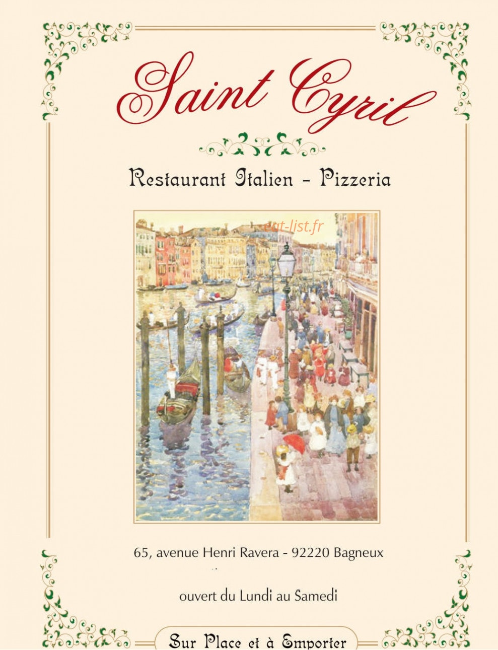 Pizzeria Saint Cyril — carte page 1