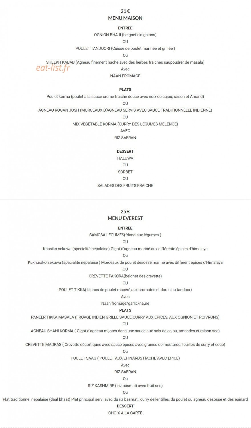 Restaurant Everest — carte page 1