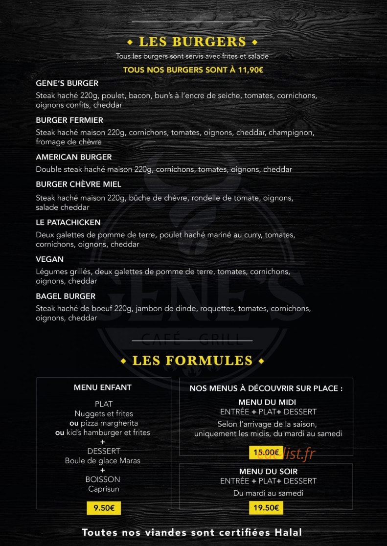 Carte et menu de Gene's Steakhouse à Gennevilliers — Les burgers et formules