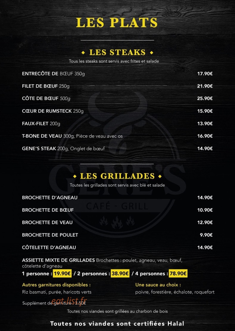 Carte et menu de Gene's Steakhouse à Gennevilliers — Les steaks et grillades