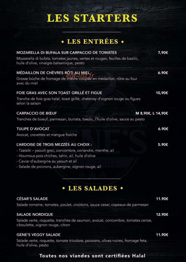 Carte et menu de Gene's Steakhouse à Gennevilliers — Les entrées et salades