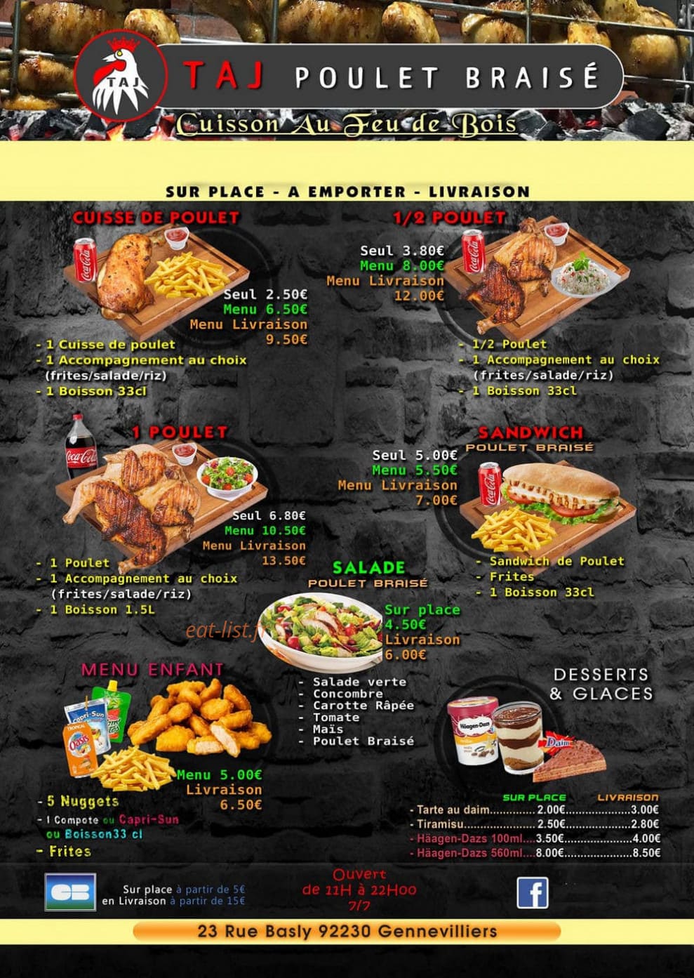 Carte et menu de Taj poulet braise à Gennevilliers — La carte