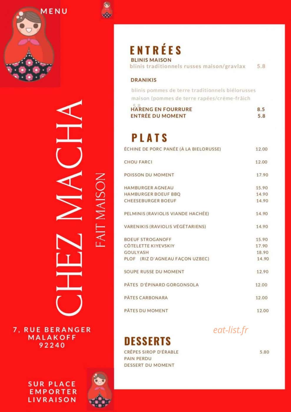 Chez Macha — carte page 1