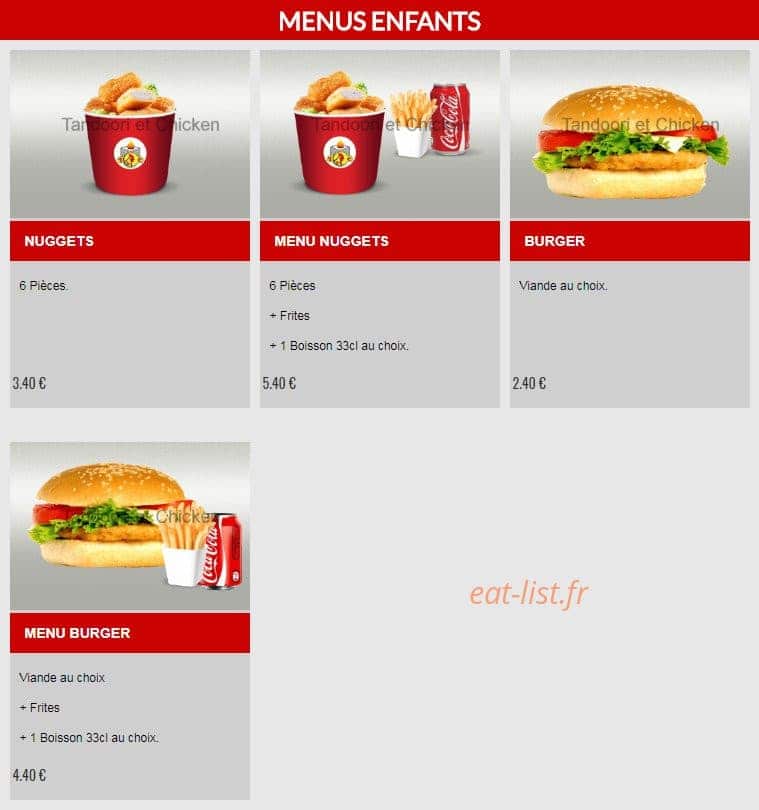 Tandoori et Chicken — carte page 1