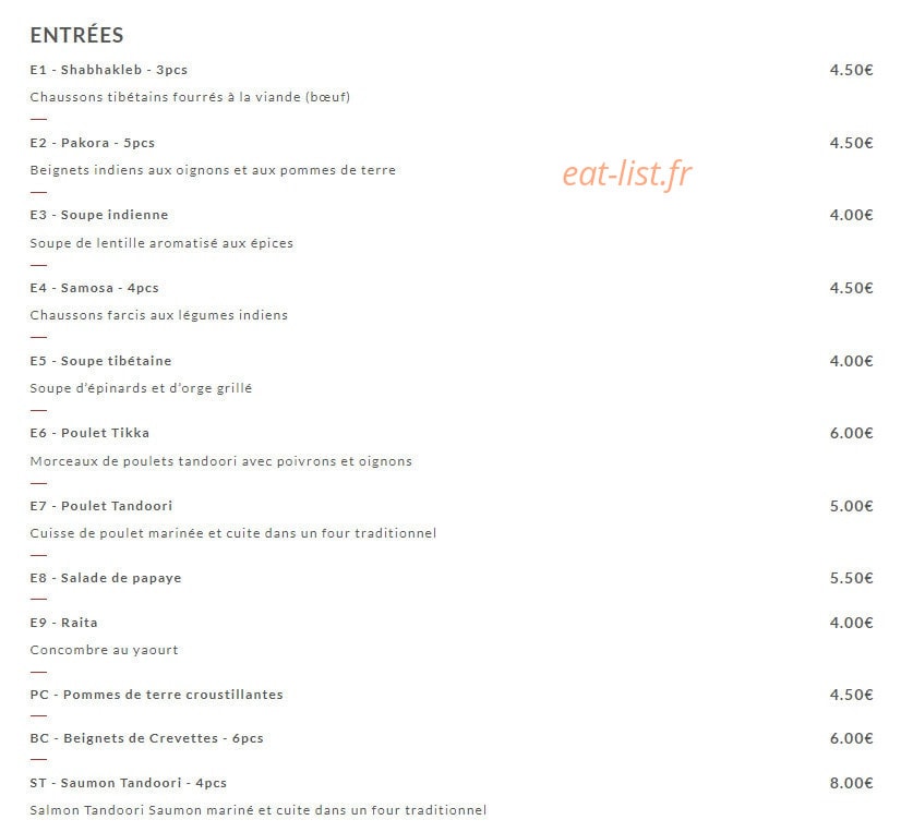 Taste of Tibet — carte page 1