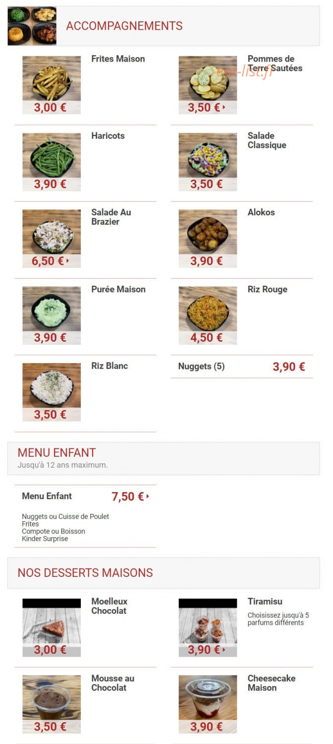 Carte et menu de Au brazier à La Garenne Colombes — Les accompagnements, menu enfant et desserts