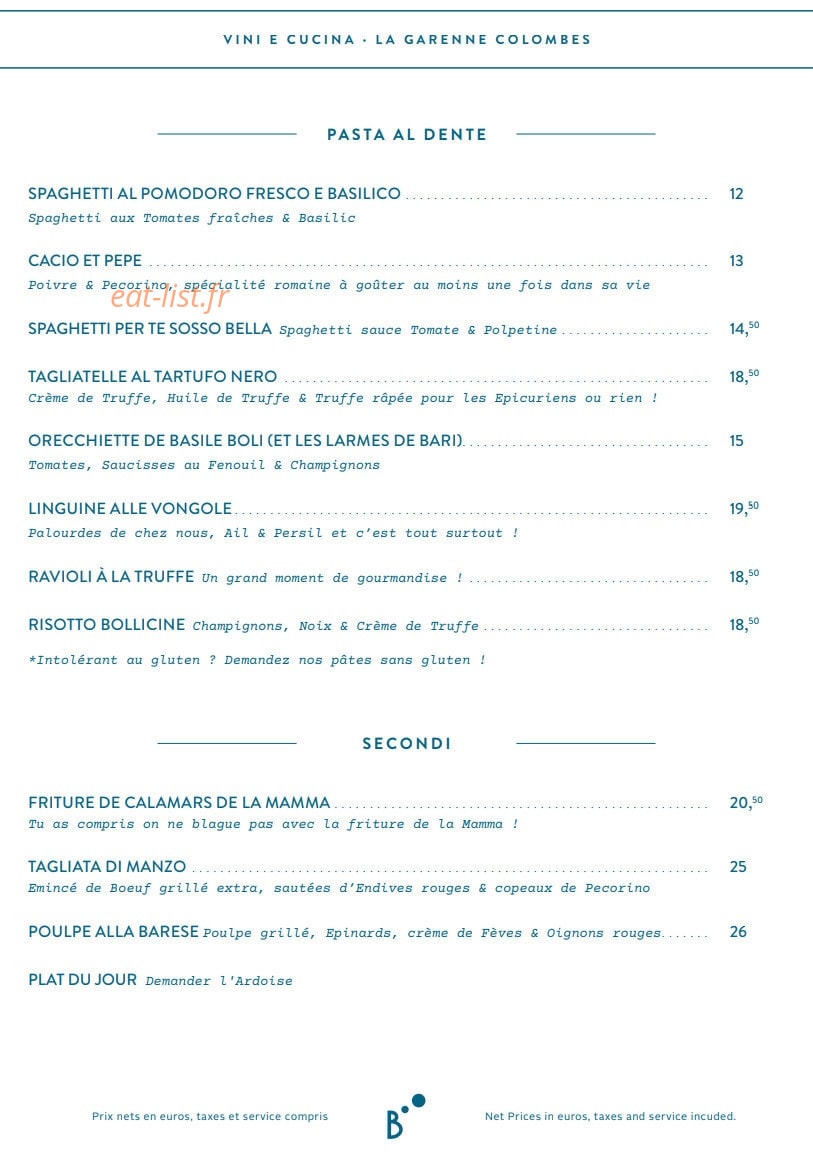Carte et menu de Bollicine à La Garenne Colombes — Les plats suite