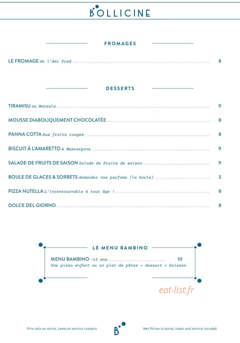 Carte et menu de Bollicine à La Garenne Colombes — Les fromages et desserts