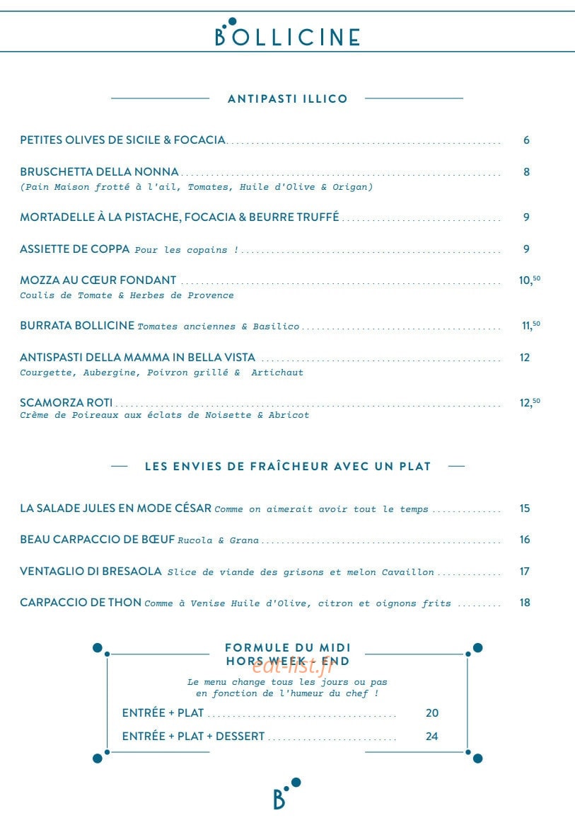 Carte et menu de Bollicine à La Garenne Colombes — Antipastis et les plats