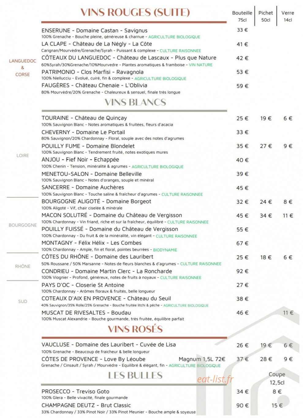 Carte et menu de Garden Colombes à La Garenne Colombes — Les vins rouges, blancs et rosés,..
